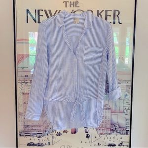 Blue + white striped shirt with tied front and longer back cotton size Medium